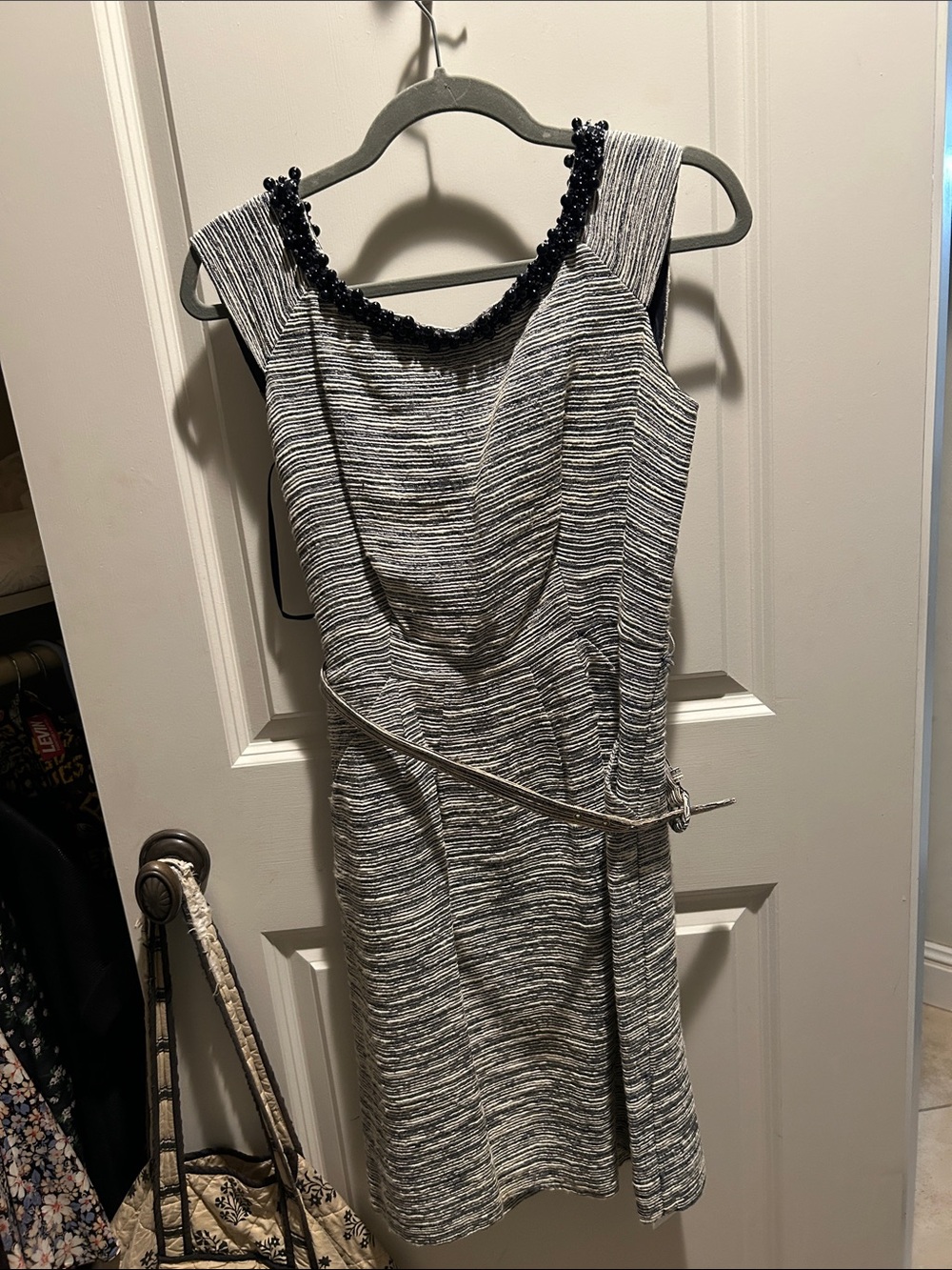 kate spade Black and Gray Textured Beaded-Neckline Sheath Dress